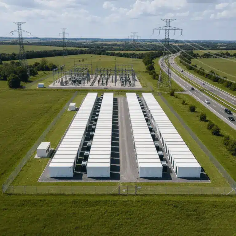 Großspeicher Anlage am Umspannwerk neben Autobahn. Batteriespeicher Investment IAB.